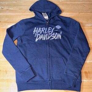 Harley-Davidson Girls Zip Hoodie Blue Leopard Logo Graphic Sweatshirt Size 14Y
